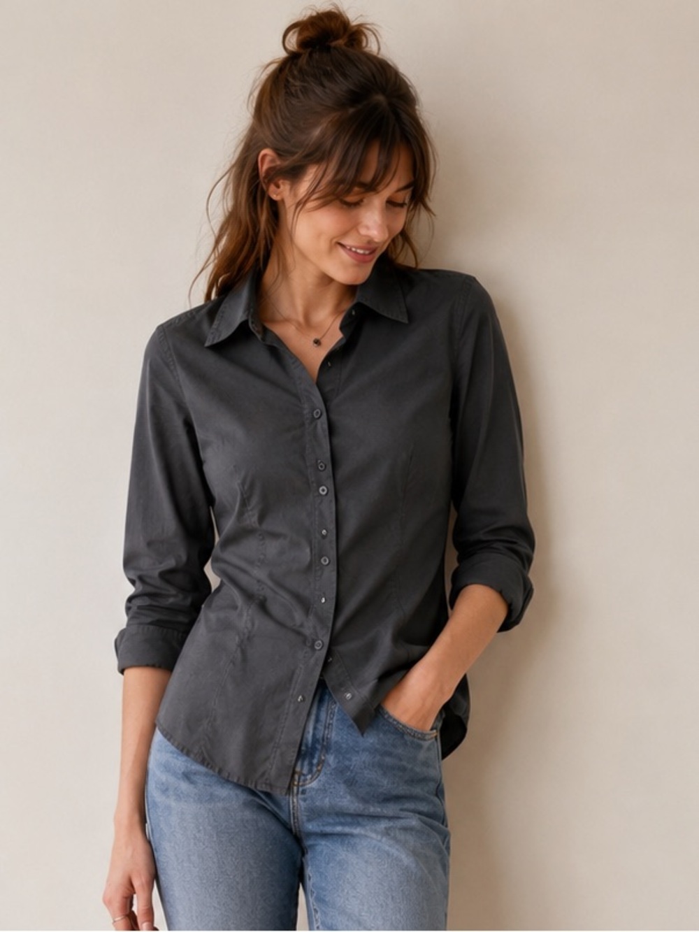 NWT Madewell Darted Button-Up Shirt in Regenerative Chino Gray Size 8